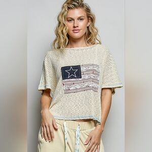 #1422 POL Vintage Americana Star Patch Knit Top (Butter Milk)